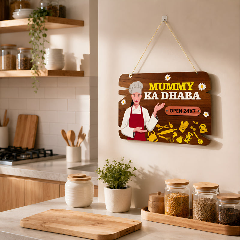 TodFod Mummy Ka Dhaba Fridge Magnet & Wall Hanging Sign | 14x11.5 Inch Chef & Kitchen MDF Wood Decor