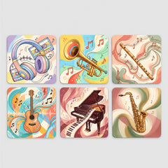 Todfod Music Melody Wooden Coasters Set of 6 – Musical Instrument Printed Square Tea & Coffee Mug Coasters for Home & Office