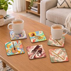Todfod Music Melody Wooden Coasters Set of 6 – Musical Instrument Printed Square Tea & Coffee Mug Coasters for Home & Office