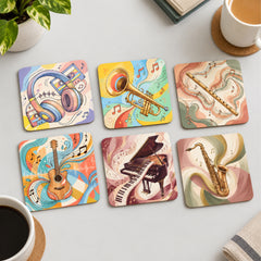 Todfod Music Melody Wooden Coasters Set of 6 – Musical Instrument Printed Square Tea & Coffee Mug Coasters for Home & Office
