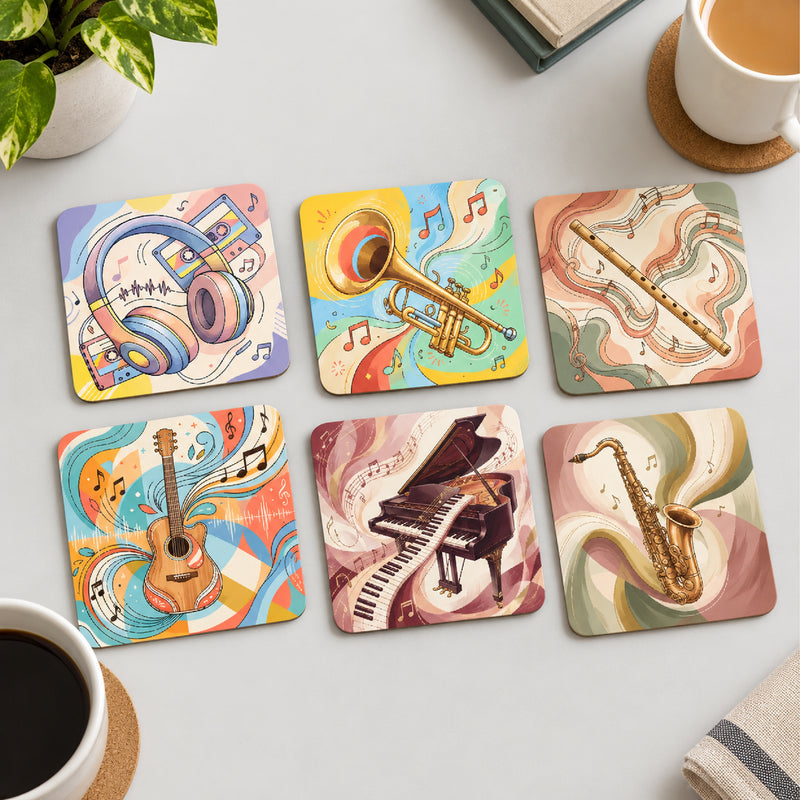 Todfod Music Melody Wooden Coasters Set of 6 – Musical Instrument Printed Square Tea & Coffee Mug Coasters for Home & Office