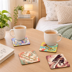 Todfod Music Melody Wooden Coasters Set of 6 – Musical Instrument Printed Square Tea & Coffee Mug Coasters for Home & Office