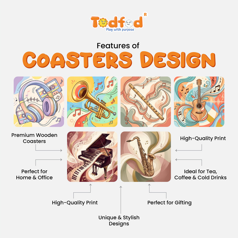 Todfod Music Melody Wooden Coasters Set of 6 – Musical Instrument Printed Square Tea & Coffee Mug Coasters for Home & Office