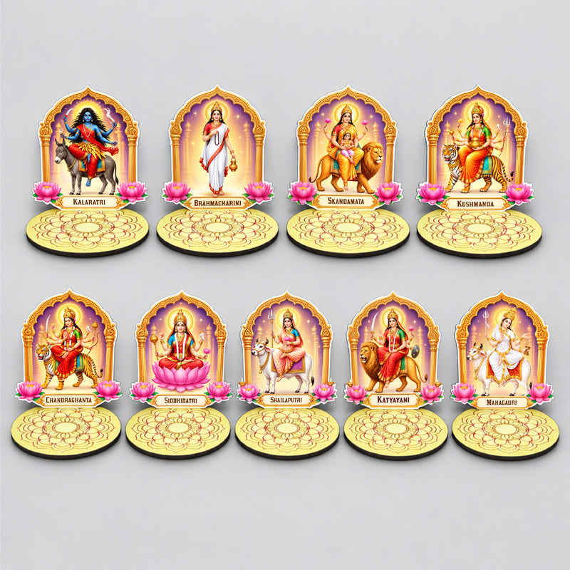 Todfod Navdurga Tea Light Holder Set of 9 – 9 Devi Wooden MDF Diya Candle Holders for Navratri & Durga Puja Decor