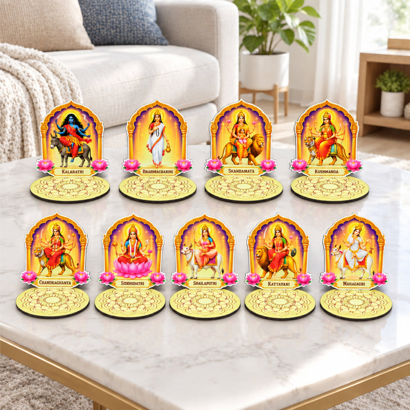 Todfod Navdurga Tea Light Holder Set of 9 – 9 Devi Wooden MDF Diya Candle Holders for Navratri & Durga Puja Decor