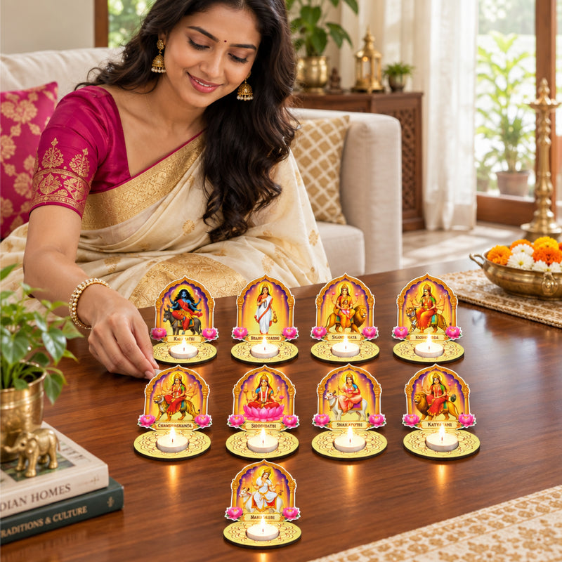 Todfod Navdurga Tea Light Holder Set of 9 – 9 Devi Wooden MDF Diya Candle Holders for Navratri & Durga Puja Decor