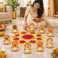 Todfod Navdurga Tea Light Holder Set of 9 – 9 Devi Wooden MDF Diya Candle Holders for Navratri & Durga Puja Decor