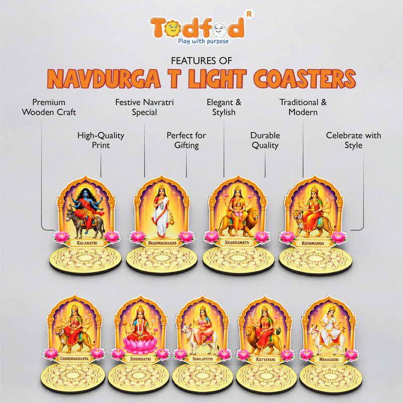 Todfod Navdurga Tea Light Holder Set of 9 – 9 Devi Wooden MDF Diya Candle Holders for Navratri & Durga Puja Decor