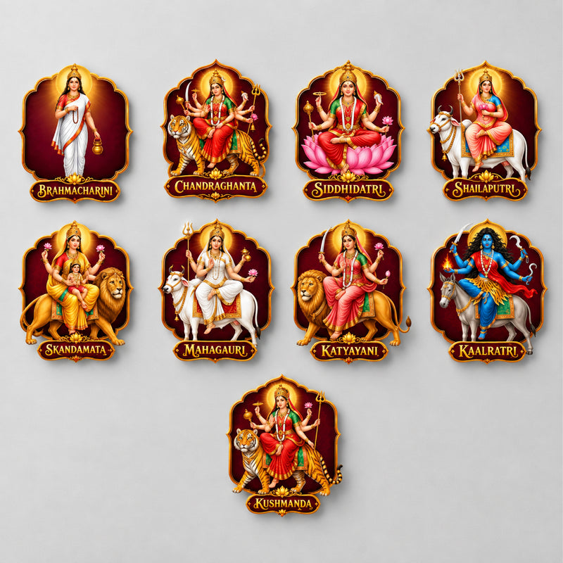 Todfod Navdurga Fridge Magnet Set of 9 – 9 Devi Navratri Wooden MDF Magnets for Fridge, Kitchen & Home Temple