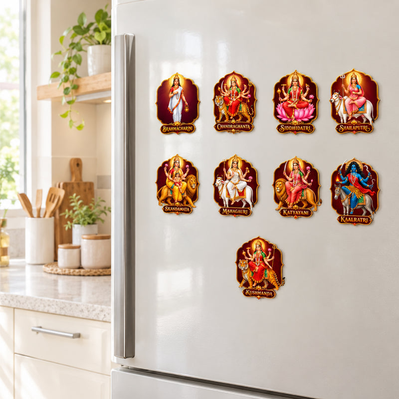Todfod Navdurga Fridge Magnet Set of 9 – 9 Devi Navratri Wooden MDF Magnets for Fridge, Kitchen & Home Temple