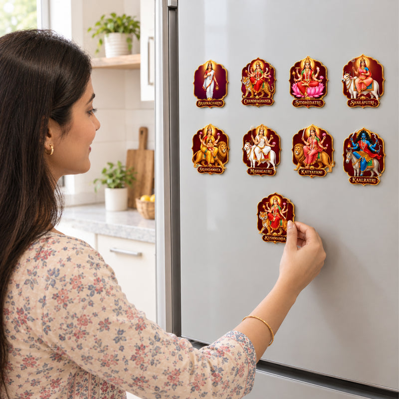Todfod Navdurga Fridge Magnet Set of 9 – 9 Devi Navratri Wooden MDF Magnets for Fridge, Kitchen & Home Temple