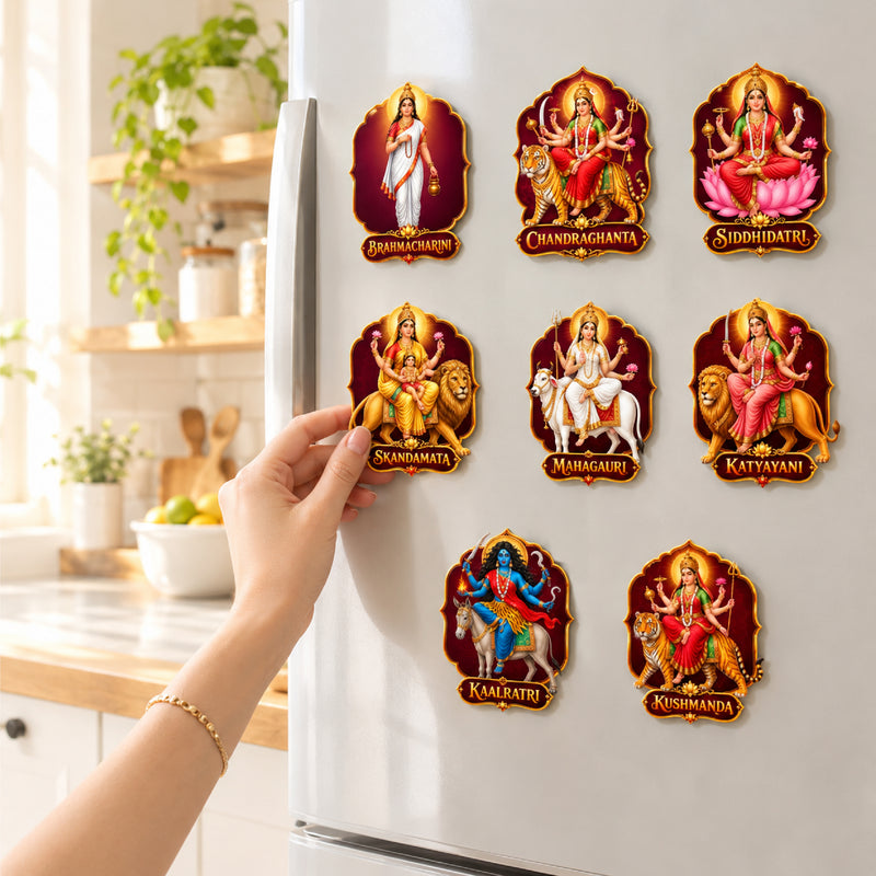 Todfod Navdurga Fridge Magnet Set of 9 – 9 Devi Navratri Wooden MDF Magnets for Fridge, Kitchen & Home Temple
