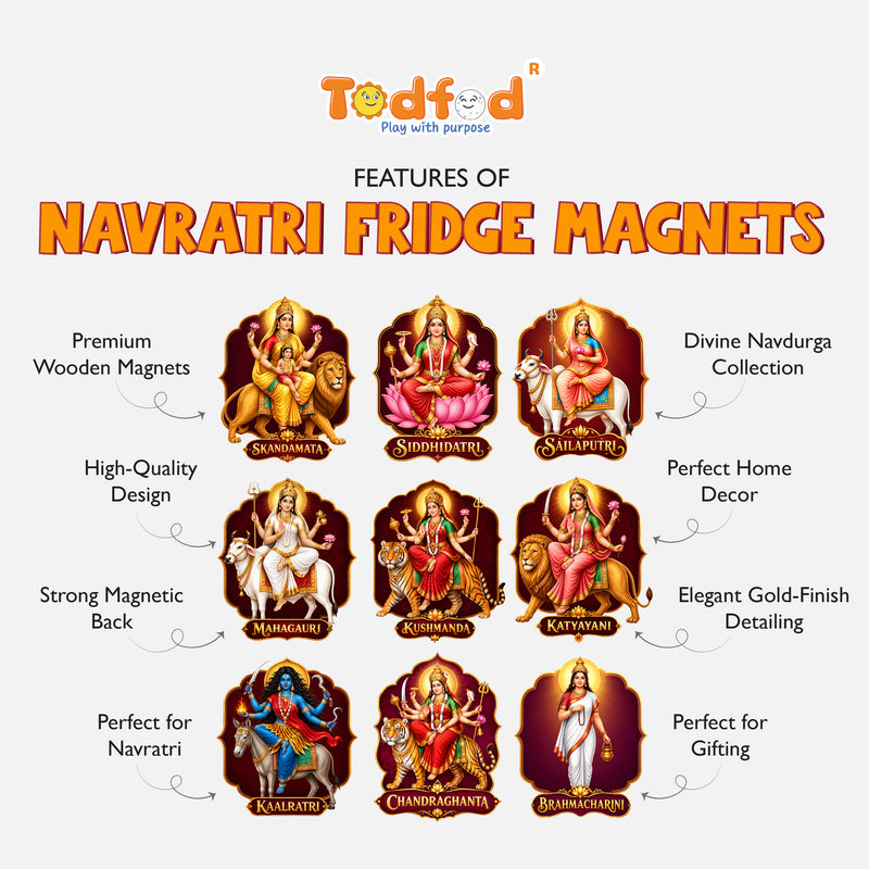 Todfod Navdurga Fridge Magnet Set of 9 – 9 Devi Navratri Wooden MDF Magnets for Fridge, Kitchen & Home Temple