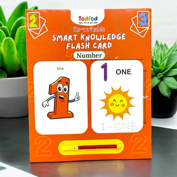 Todfod smart knowledge flash card packaging with number 1 and sun illustration, placed on a surface with plants in the background.