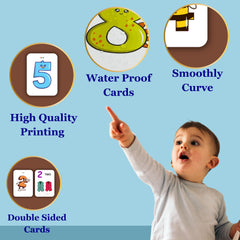 Child pointing at educational cards with text about card features on a blue background