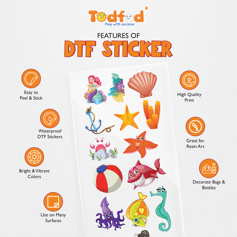 TodFod Ocean DTF Heat Transfer Sticker Sheet | Cute Sea Life & Underwater Cartoon Iron-On Transfers for T-Shirts, Clothes, Bags & Fabric DIY Crafts | 11 x 4 Inch
