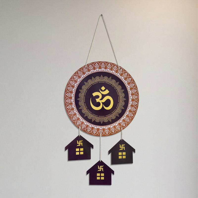 Smaran Om Wooden Wall Hanging Decor | Spiritual Golden Symbol Plaque with House Pendants | 12x26 Inch Traditional Sign for Home Temple Puja Room & Gift