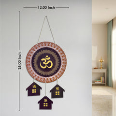 Smaran Om Wooden Wall Hanging Decor | Spiritual Golden Symbol Plaque with House Pendants | 12x26 Inch Traditional Sign for Home Temple Puja Room & Gift