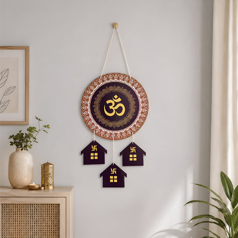 Smaran Om Wooden Wall Hanging Decor | Spiritual Golden Symbol Plaque with House Pendants | 12x26 Inch Traditional Sign for Home Temple Puja Room & Gift