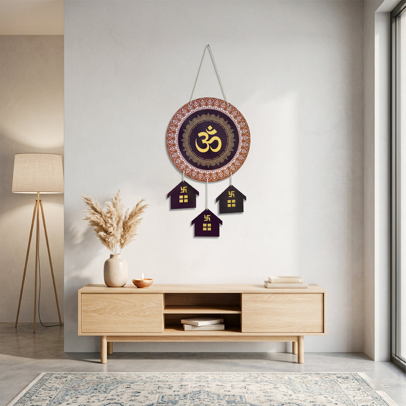 Smaran Om Wooden Wall Hanging Decor | Spiritual Golden Symbol Plaque with House Pendants | 12x26 Inch Traditional Sign for Home Temple Puja Room & Gift