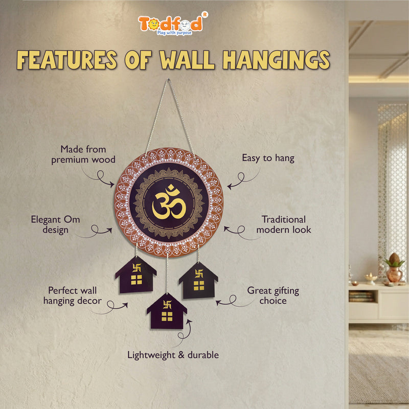Smaran Om Wooden Wall Hanging Decor | Spiritual Golden Symbol Plaque with House Pendants | 12x26 Inch Traditional Sign for Home Temple Puja Room & Gift
