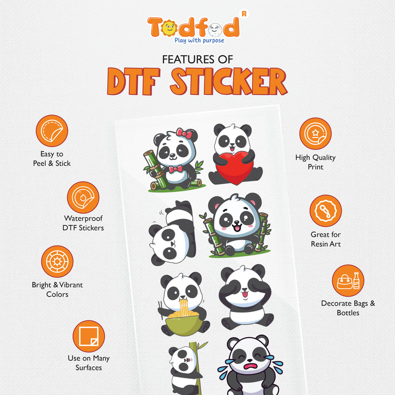 TodFod Panda DTF Heat Transfer Sticker Sheet | Cute Panda Cartoon Iron-On Transfers for T-Shirts, Hoodies, Bags & Fabric DIY Crafts | 11 x 4 Inch