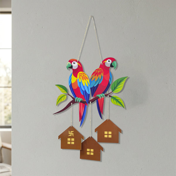 Smaran Parrot Wooden Wall Hanging Decor | Colorful Bird & House Plaque | 12x23 Inch Rustic Sign for Living Room Bedroom & Gift