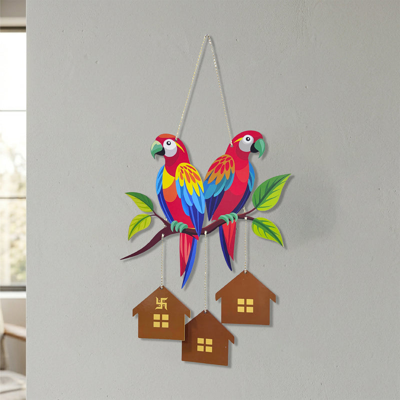 Smaran Parrot Wooden Wall Hanging – Colorful Bird & House Rustic Plaque for Living Room & Gifting