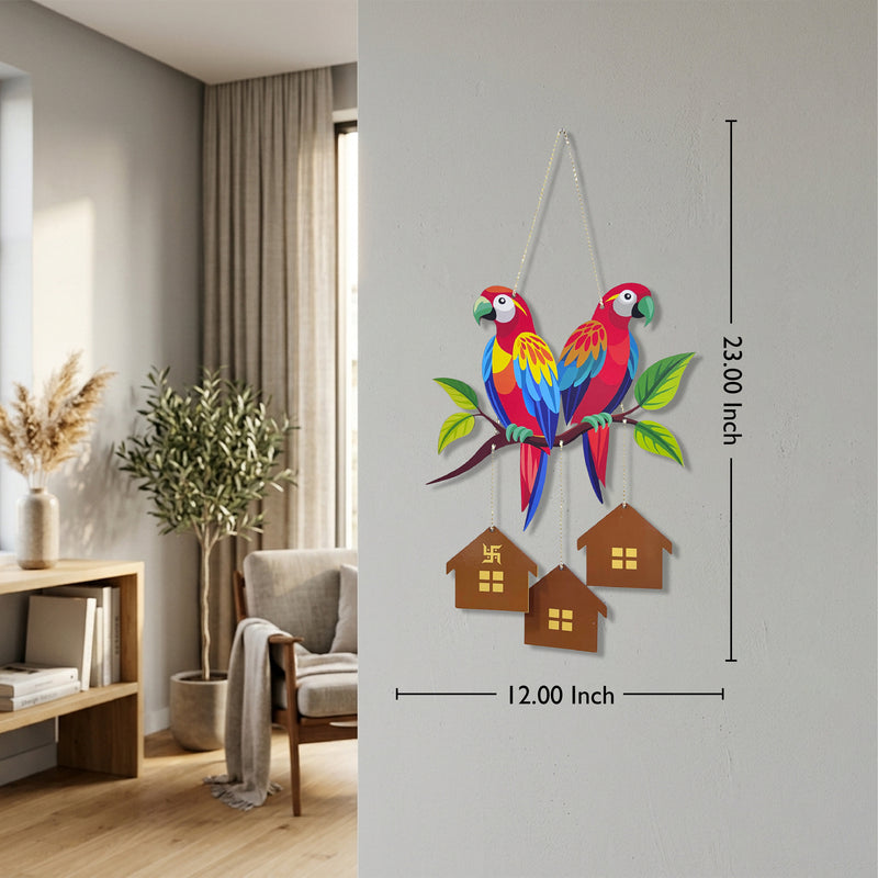 Smaran Parrot Wooden Wall Hanging – Colorful Bird & House Rustic Plaque for Living Room & Gifting