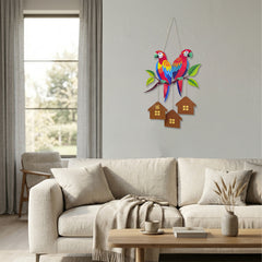 Smaran Parrot Wooden Wall Hanging – Colorful Bird & House Rustic Plaque for Living Room & Gifting