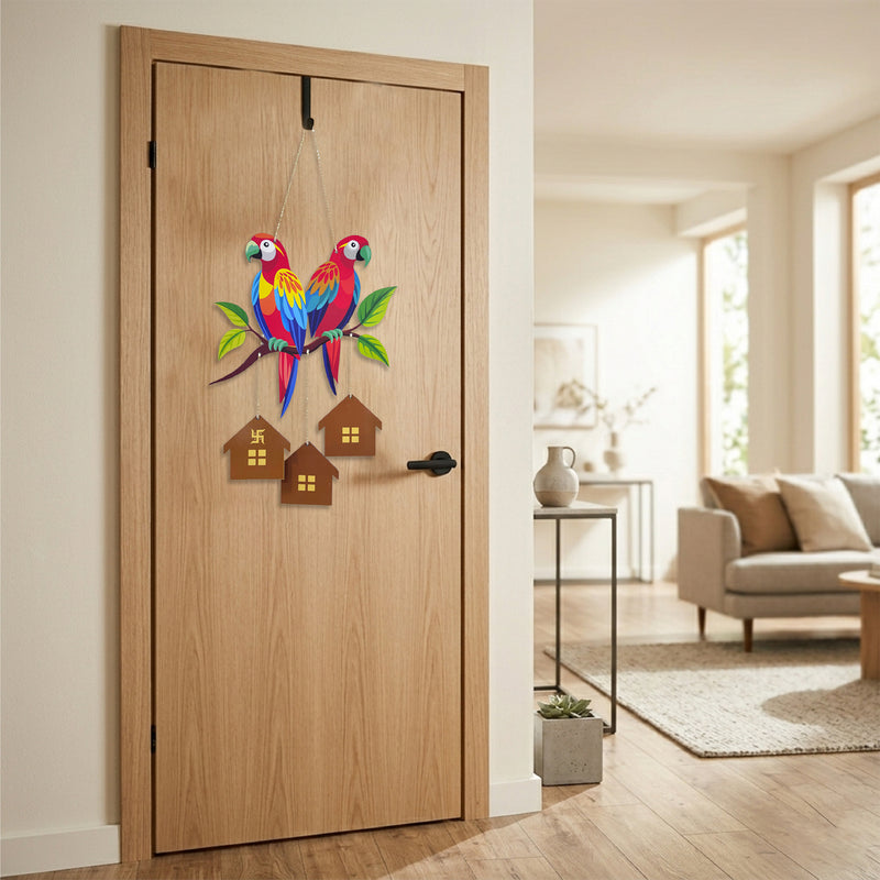 Smaran Parrot Wooden Wall Hanging – Colorful Bird & House Rustic Plaque for Living Room & Gifting