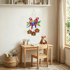 Smaran Parrot Wooden Wall Hanging – Colorful Bird & House Rustic Plaque for Living Room & Gifting