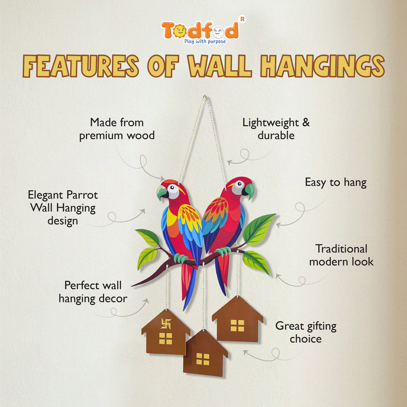 Smaran Parrot Wooden Wall Hanging – Colorful Bird & House Rustic Plaque for Living Room & Gifting