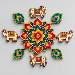 Todfod Cow Peacock Feather Wooden MDF Rangoli 14 Inch | Decorative Floor Rangoli for Home Entrance, Pooja Room and Festivals