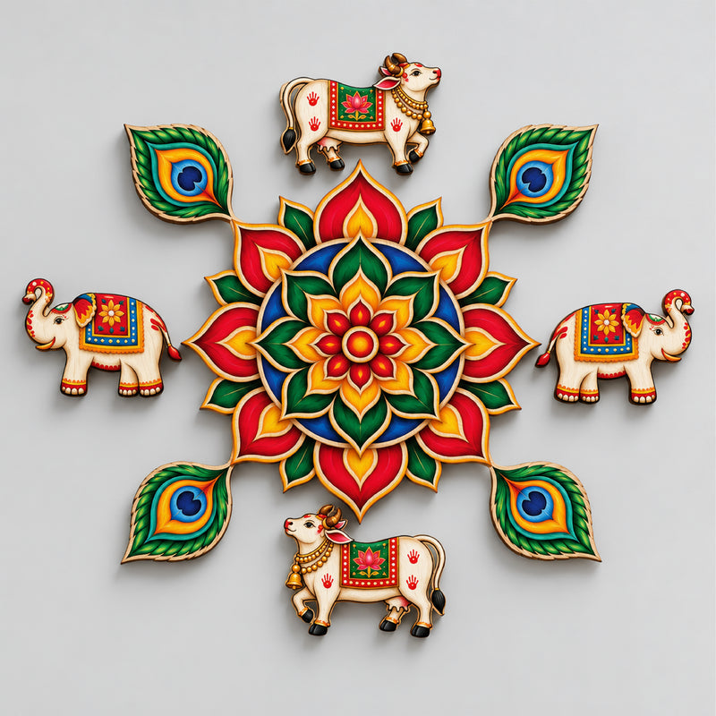 Todfod Cow Peacock Feather Wooden MDF Rangoli 14 Inch | Decorative Floor Rangoli for Home Entrance, Pooja Room and Festivals