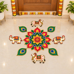 Todfod Cow Peacock Feather Wooden MDF Rangoli 14 Inch | Decorative Floor Rangoli for Home Entrance, Pooja Room and Festivals