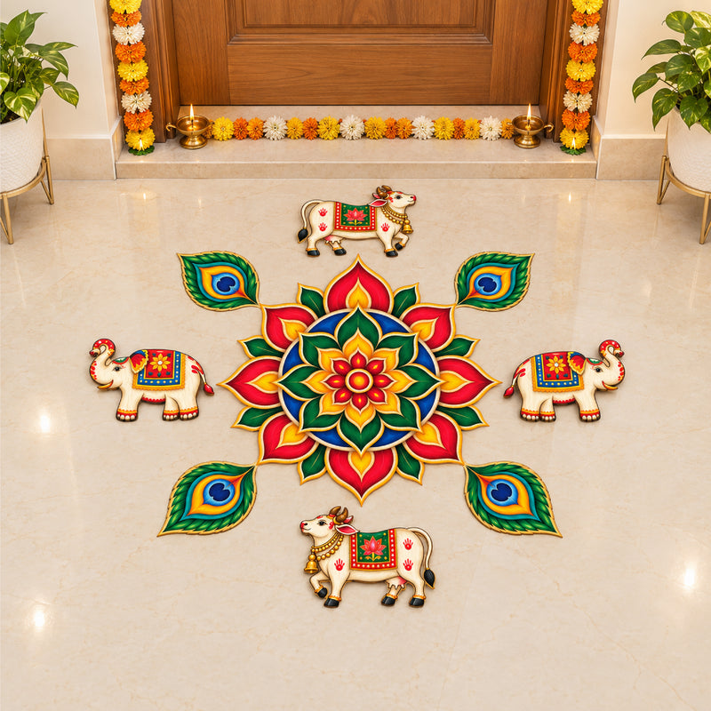 Todfod Cow Peacock Feather Wooden MDF Rangoli 14 Inch | Decorative Floor Rangoli for Home Entrance, Pooja Room and Festivals