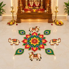 Todfod Cow Peacock Feather Wooden MDF Rangoli 14 Inch | Decorative Floor Rangoli for Home Entrance, Pooja Room and Festivals