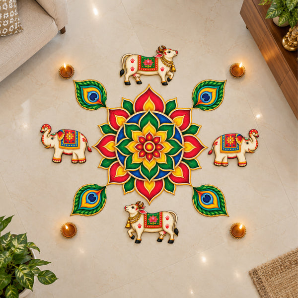Todfod Cow Peacock Feather Wooden MDF Rangoli 14 Inch | Decorative Floor Rangoli for Home Entrance, Pooja Room and Festivals