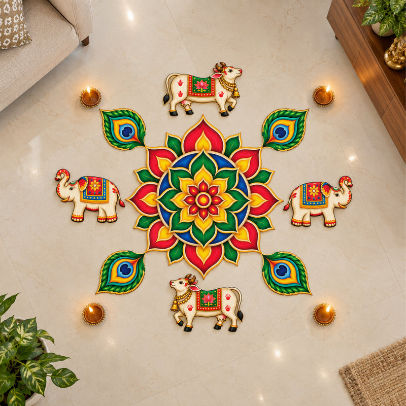 Todfod Cow Peacock Feather Wooden MDF Rangoli 14 Inch | Decorative Floor Rangoli for Home Entrance, Pooja Room and Festivals