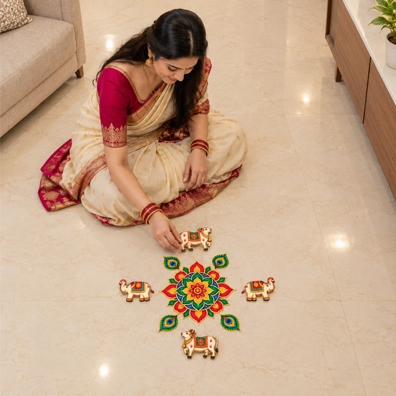 Todfod Cow Peacock Feather Wooden MDF Rangoli 14 Inch | Decorative Floor Rangoli for Home Entrance, Pooja Room and Festivals