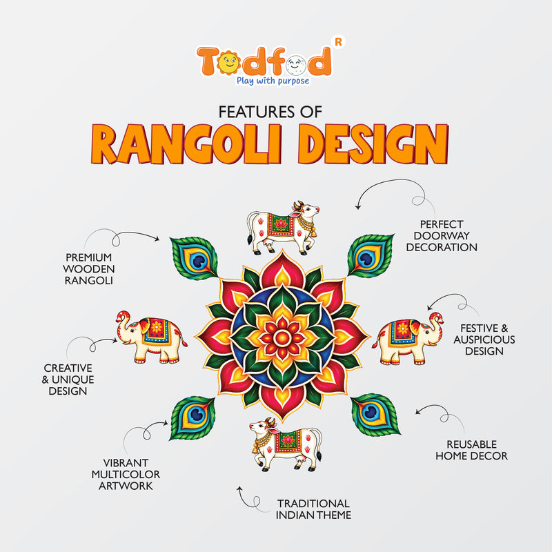 Todfod Cow Peacock Feather Wooden MDF Rangoli 14 Inch | Decorative Floor Rangoli for Home Entrance, Pooja Room and Festivals