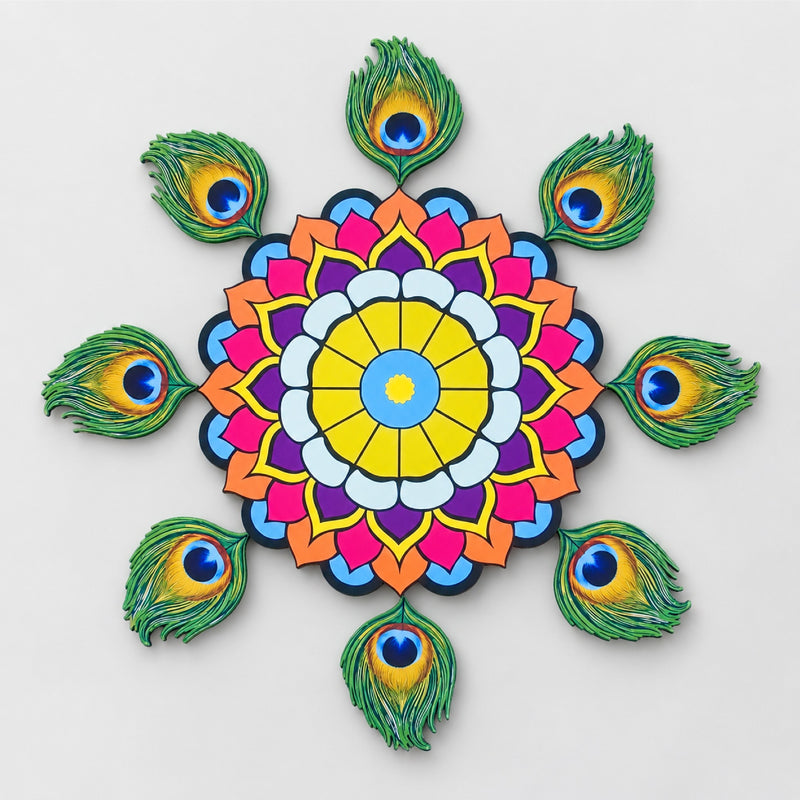 Todfod Peacock Feather Mandala Wooden MDF Rangoli 14 Inch | Colourful Decorative Floor Rangoli for Diwali Home Entrance and Pooja