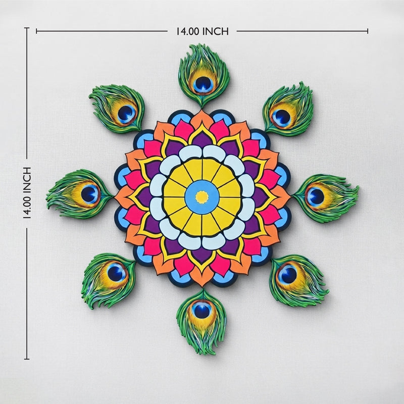 Todfod Peacock Feather Mandala Wooden MDF Rangoli 14 Inch | Colourful Decorative Floor Rangoli for Diwali Home Entrance and Pooja