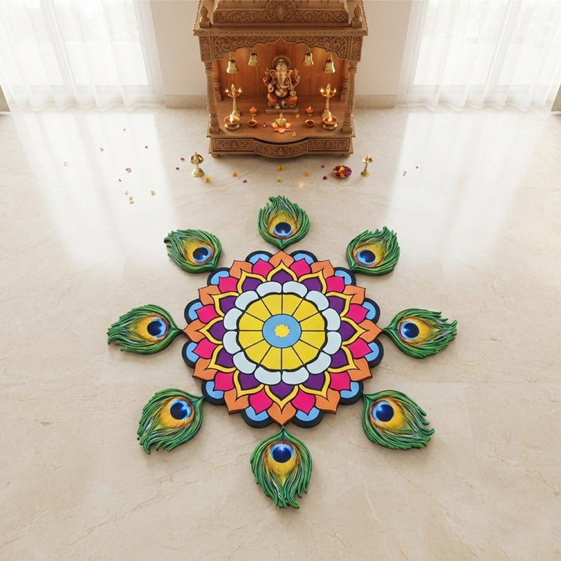 Todfod Peacock Feather Mandala Wooden MDF Rangoli 14 Inch | Colourful Decorative Floor Rangoli for Diwali Home Entrance and Pooja