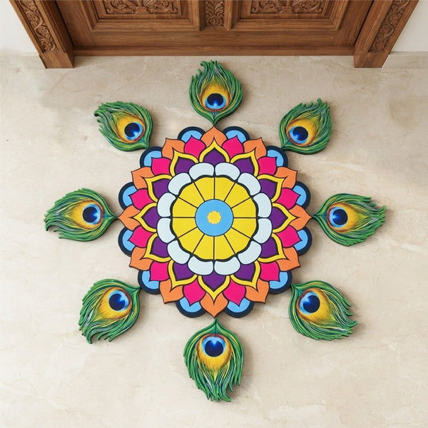 Todfod Peacock Feather Mandala Wooden MDF Rangoli 14 Inch | Colourful Decorative Floor Rangoli for Diwali Home Entrance and Pooja