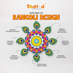 Todfod Peacock Feather Mandala Wooden MDF Rangoli 14 Inch | Colourful Decorative Floor Rangoli for Diwali Home Entrance and Pooja