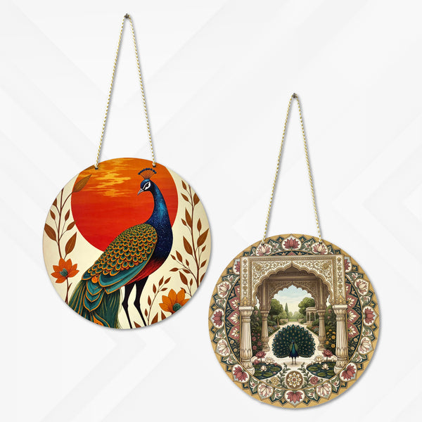 Smaran Round Peacock Wooden Wall Hanging Decor | Indian Courtyard & Botanical Vintage Art | 9x17 Inch Traditional Spiritual Plaque for Living Room Bedroom Home Decor & Gift