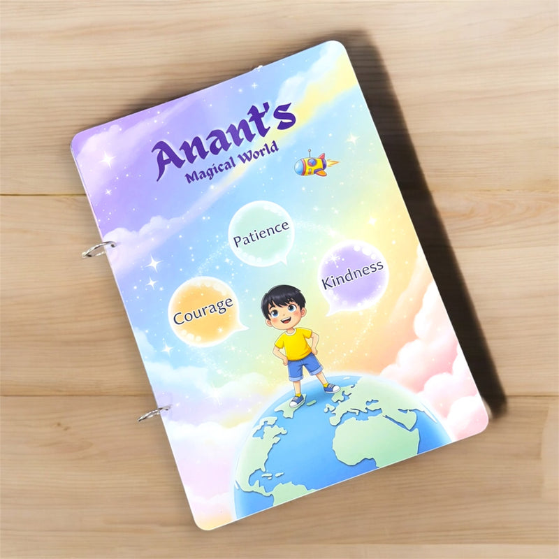 Personalized notebook with a child illustration and motivational words on a wooden surface