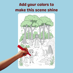 Coloring book page with a forest scene, trees, a girl, a boy, and a deer, with a hand holding a red marker.